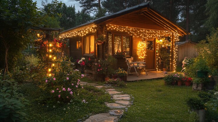 PSD un'accogliente capanna di legno con luci di fata annidata in un giardino lussureggiante