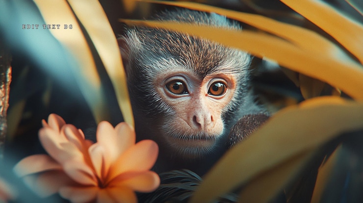 PSD un adorabile cucciolo di scimmia che sbircia dal fogliame lussureggiante vicino a un fiore