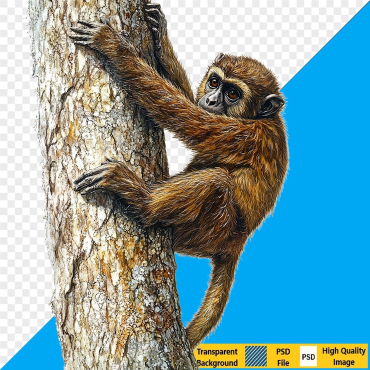 PSD un adorabile cucciolo di scimmia che si arrampica su un albero