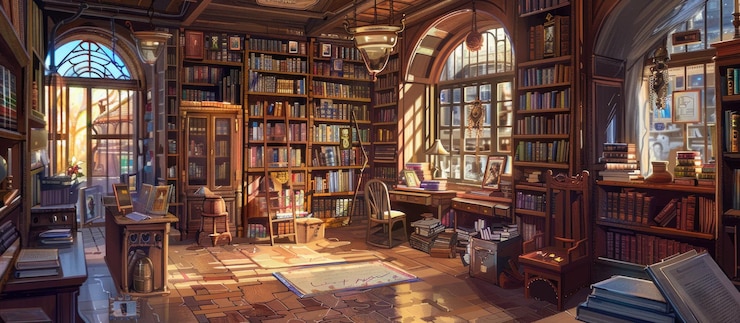 PSD un'affascinante biblioteca illuminata dal sole con alti scaffali, finestre ad arco e un accogliente angolo per la lettura