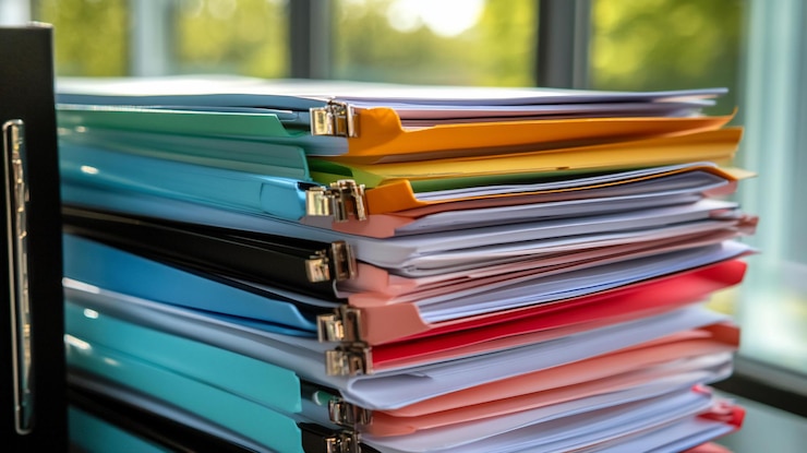 PSD un'alta pila di file e documenti colorati in ufficio