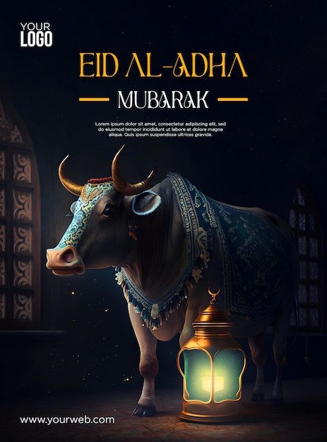 Un annuncio per eid al - adha mubarak con una mucca sullo sfondo.