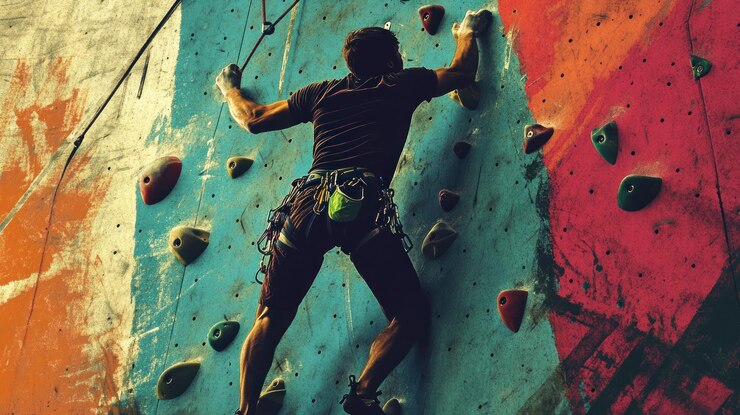 PSD un arrampicatore che scala una parete rocciosa colorata all'interno