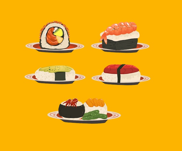 Un assortimento di deliziosi rotoli di sushi e nigiri su piatti
