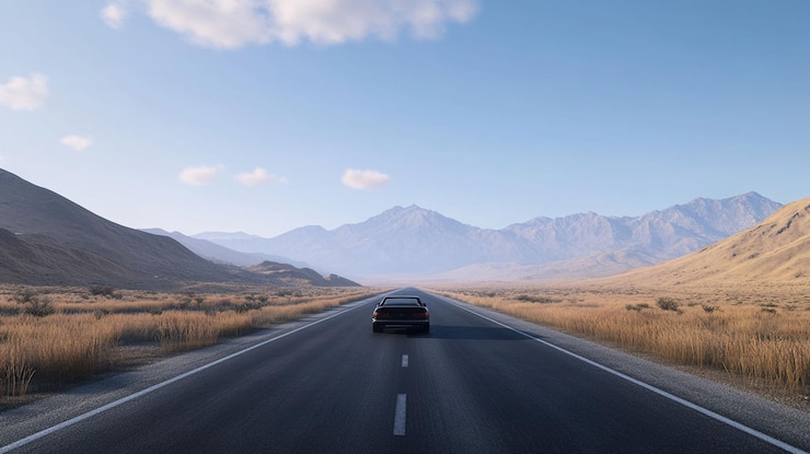PSD un'auto solitaria guida su una lunga autostrada dritta attraverso un vasto paesaggio desertico con montagne in lontananza sotto un cielo limpido