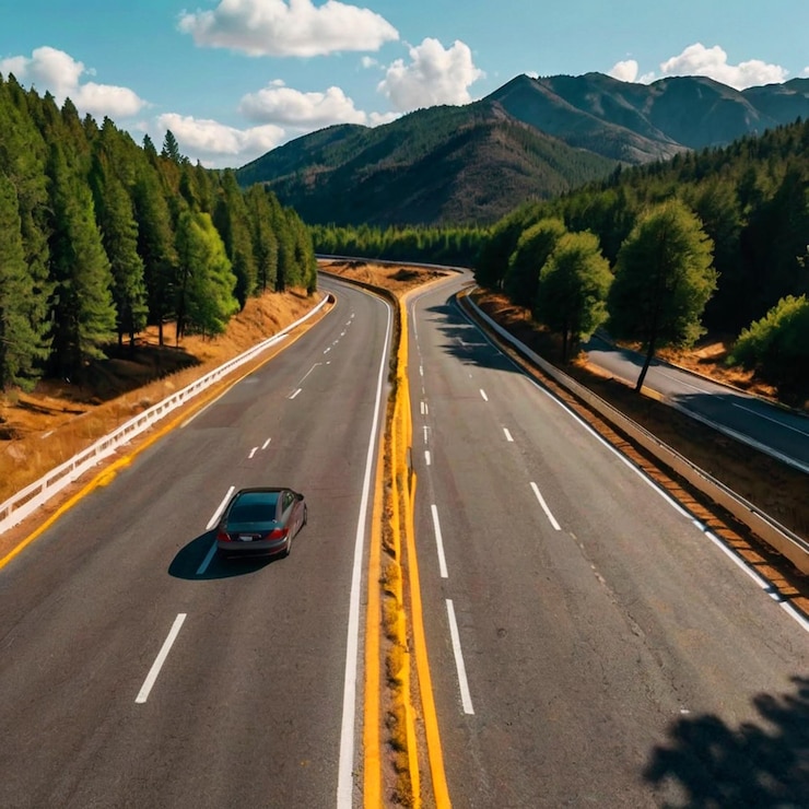 PSD un'auto sta guidando lungo un'autostrada con le parole "benvenuto nelle montagne" sul lato