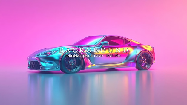 Un'auto stilizzata futuristica con colori vivaci e riflessi su una superficie liscia