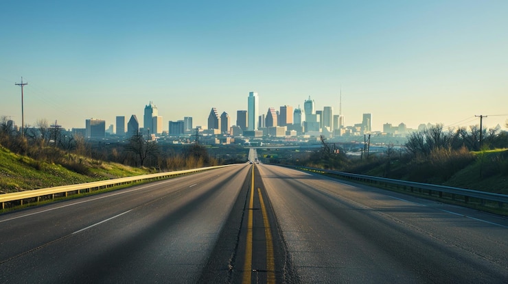 PSD un'autostrada vuota che porta a uno skyline nebbioso della città all'alba