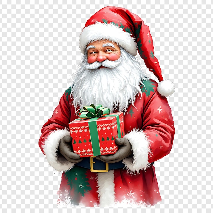 PSD un babbo natale che tiene in mano un regalo che dice "santa" sullo sfondo trasparente