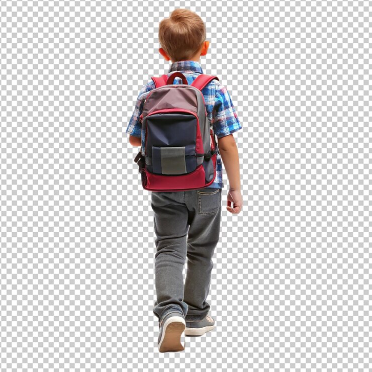 un bambino che va a scuola con lo sfondo trasparente dello zaino