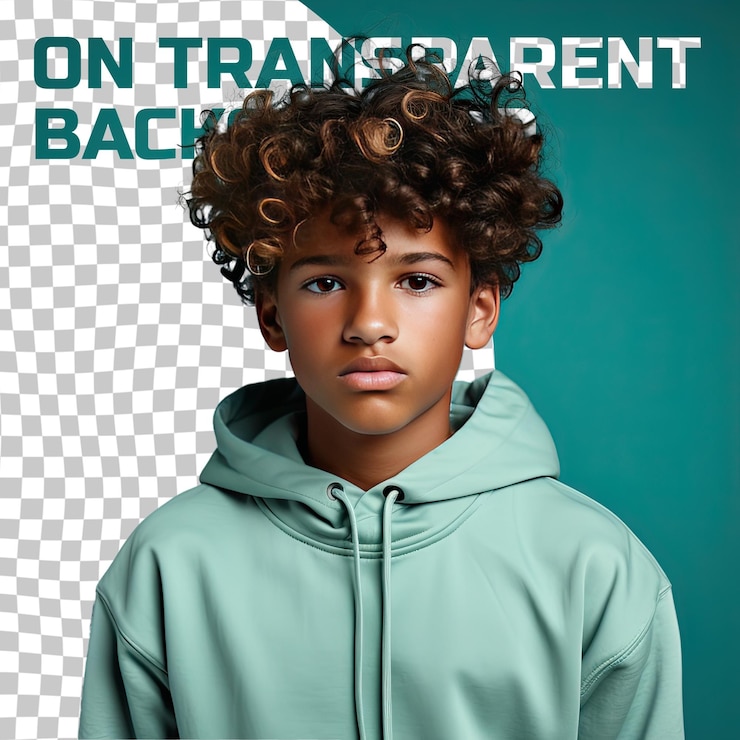 PSD un bambino simpatico con i capelli ondulati dell'etnia afroamericana vestito con l'abbigliamento di personal trainer posa in stile back to camera with turned head su uno sfondo pastel teal