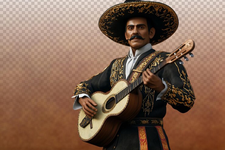 PSD un bellissimo mariachi in abito tradizionale con strumenti musicali