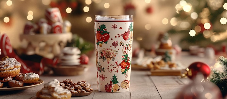 PSD un bicchiere di natale festivo con deliziose prelibatezze su un tavolo di legno