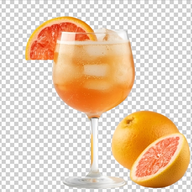 un bicchiere di succo con una fetta di pompelmo su uno sfondo trasparente