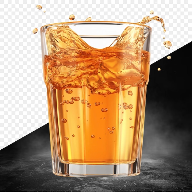 un bicchiere di succo d'arancia con bolle e un po' di succo di arancia