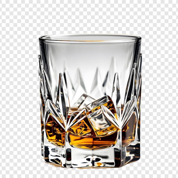 PSD un bicchiere di whisky con cubetti di ghiaccio su uno sfondo a scacchi
