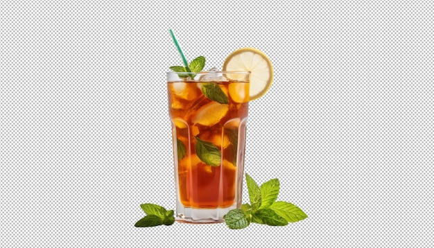 Un bicchiere rinfrescante di tè freddo con foglie di limone e menta perfetto per le giornate calde