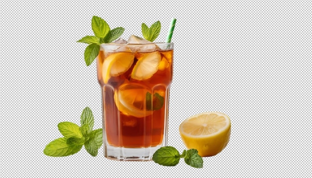 Un bicchiere rinfrescante di tè ghiacciato con limone e menta lascia un sorso di freschezza