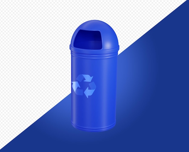 Un bidone della spazzatura blu è accanto a un cestino per il riciclaggio blu.