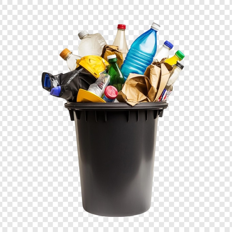 PSD un bidone della spazzatura nero pieno di vari materiali riciclabili, tra cui bottiglie di plastica, bottiglia di vetro, sacchetti di carta e un cappello rigido