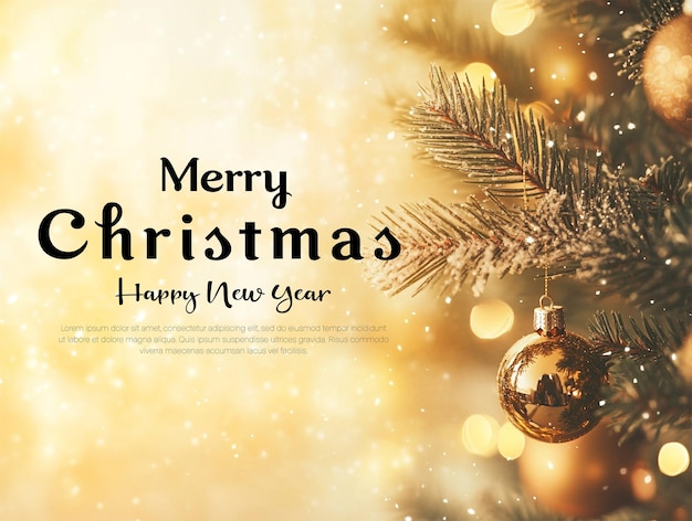 un biglietto di Natale con un albero di Natale e uno sfondo dorato con le parole Buon Natale