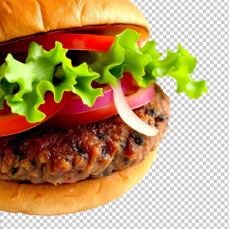 PSD un burger classico con un patty di manzo, lattuga, pomodoro e cipolle su uno sfondo bianco