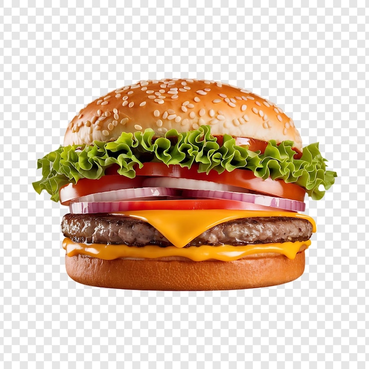PSD un burger realistico con lattuga e formaggio isolato su uno sfondo trasparente