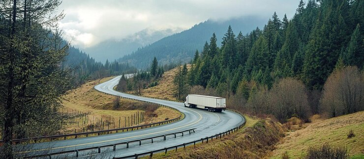 PSD un camion attraversa un passo montuoso nebbioso