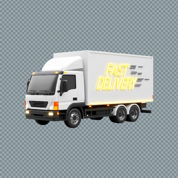 Un camion di consegna bianco con testo di consegna veloce sul lato contro il retro trasparente png