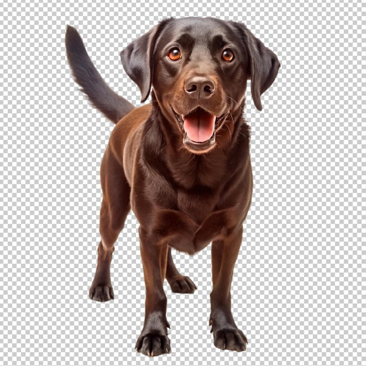 PSD un cane con un tag sull'orecchio è in piedi su uno sfondo bianco