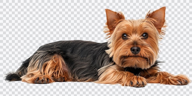 Un carino Yorkshire Terrier sdraiato che mostra il suo mantello lucido e l'espressione di allerta perfetta per il contenuto petrelato