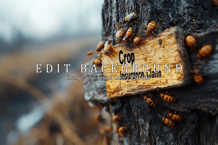 PSD un cartello di legno attaccato a un tronco di albero dice crop insurance claim con uno sciame di api che copre il cartello