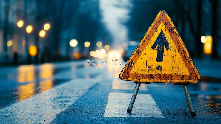 PSD un cartello stradale con una freccia verso l'alto sulla strada bagnata di notte