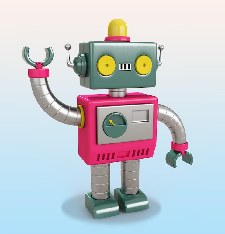 PSD un cartone animato di un robot con una faccia rosa e verde e la parola robot sul davanti.