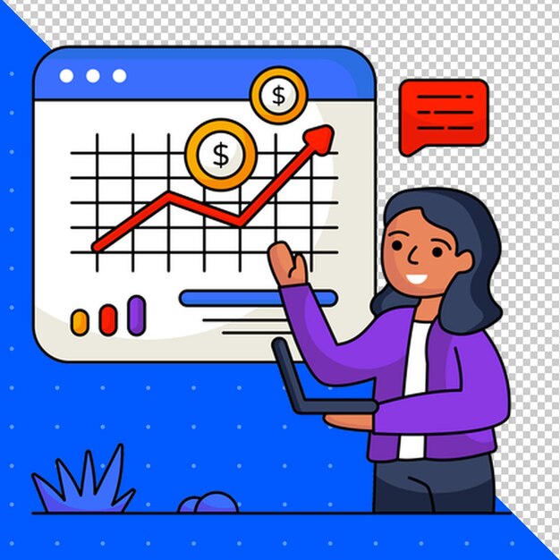 un cartone animato di una donna che indica un grafico che dice quote dollaro quote