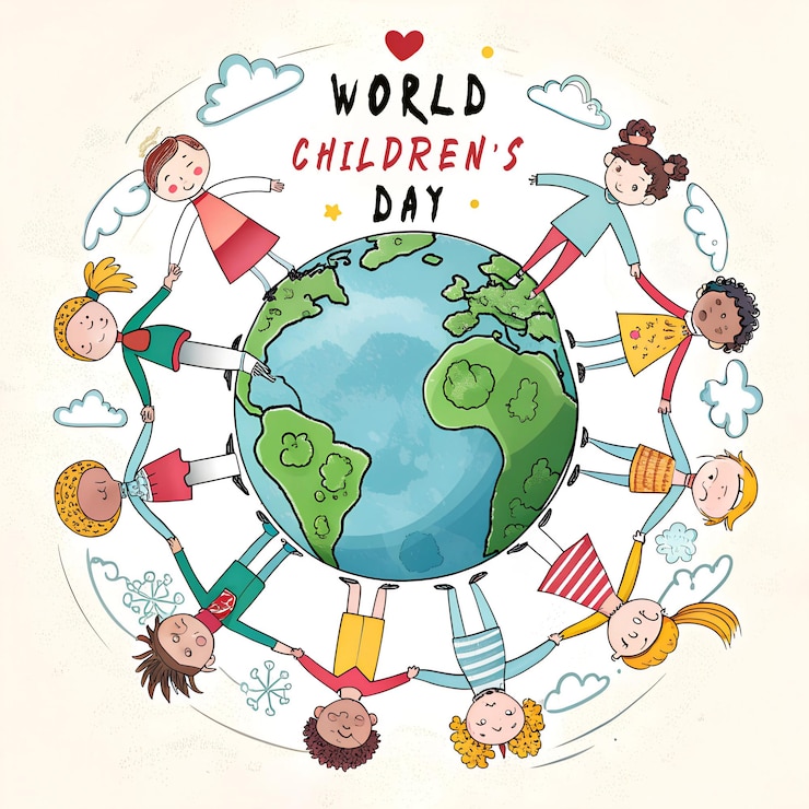 PSD un cerchio di bambini in tutto il mondo con le parole world children's day illustrazione vettoriale