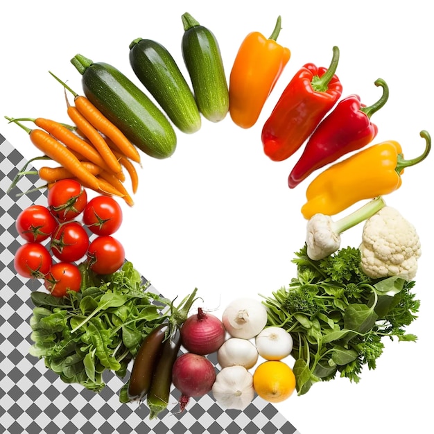 un cerchio di verdure e frutta e verdura su un panno a scacchi