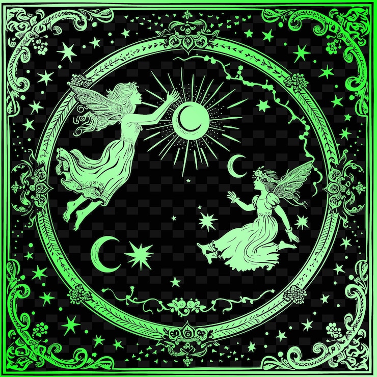 PSD un cerchio verde con un angelo e la luna e il sole sullo sfondo