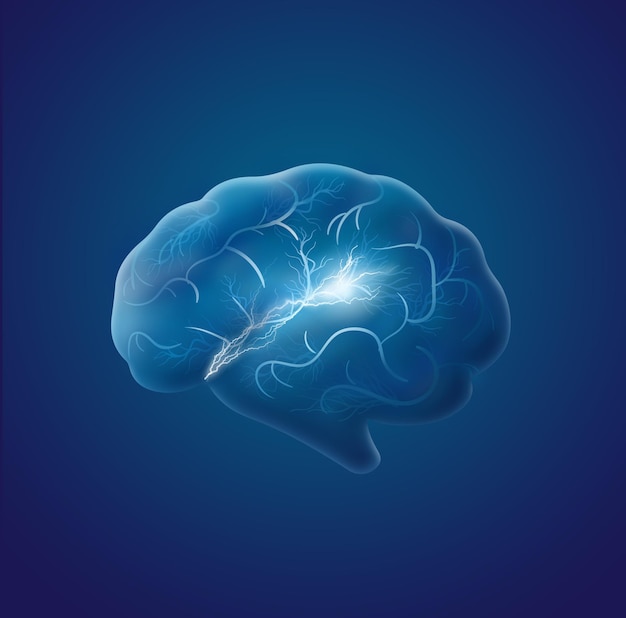 un cervello blu con un fulmine