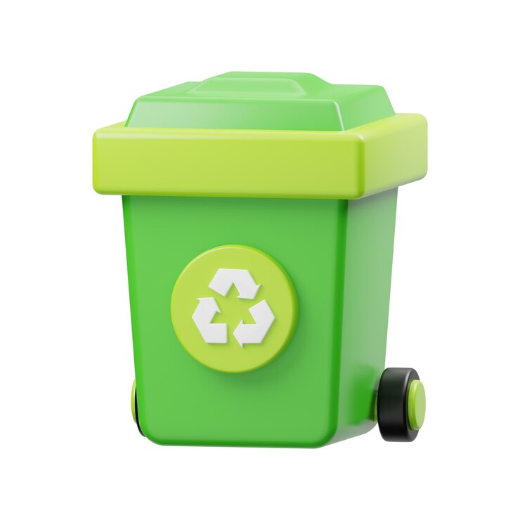 Un cestino per il riciclaggio verde con un coperchio verde e un logo di riciclaggio su di esso.
