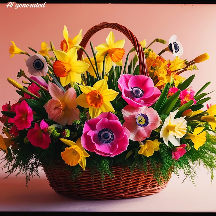 PSD un cesto di fiori con uno sfondo rosso con un'immagine di un cesso di fiori