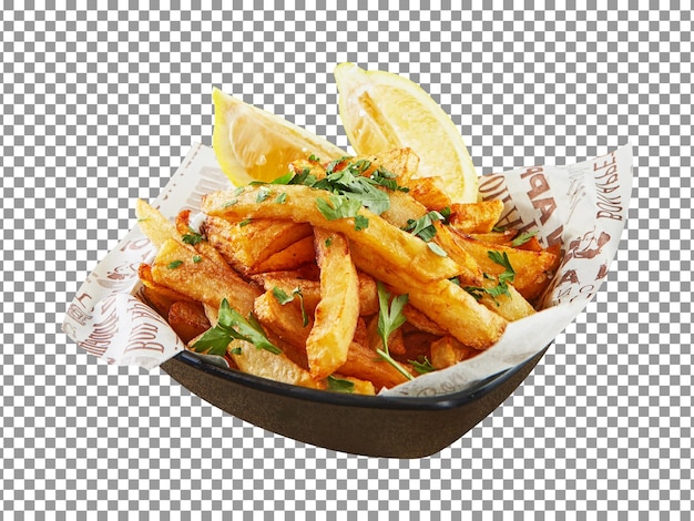 Un cesto di patatine fritte con uno spicchio di limone su sfondo trasparente