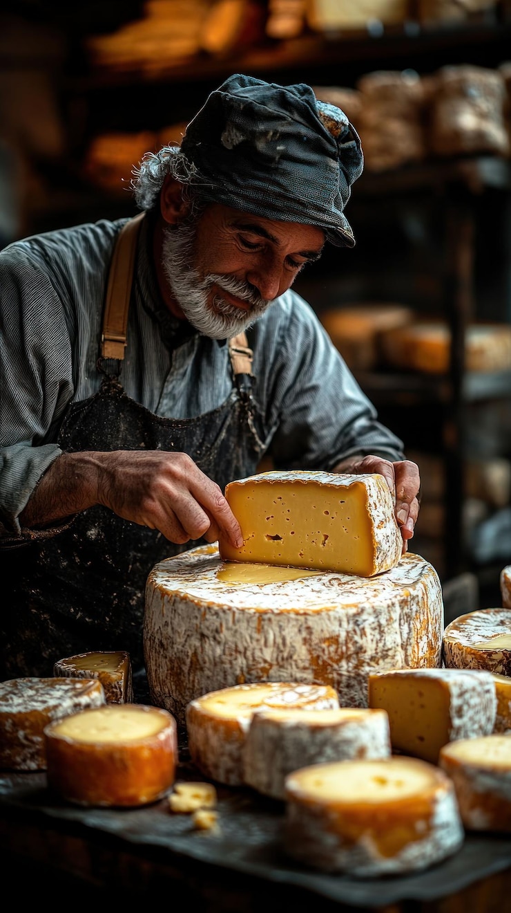 PSD un cheesemaker maturo organizza attentamente grandi ruote di formaggio nel suo negozio