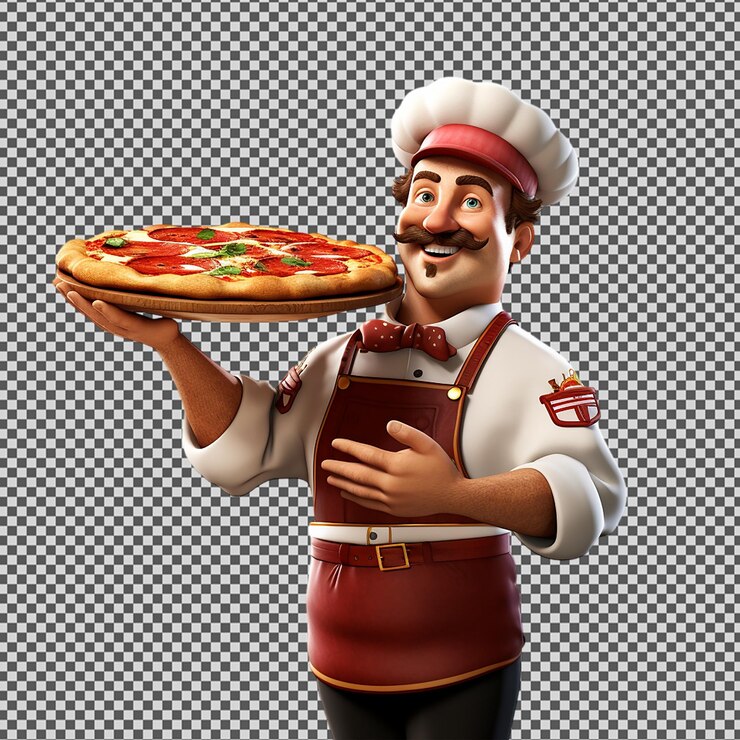 PSD un chef con una pizza sul braccio e una pizza sul vassoio