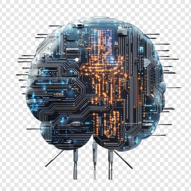 PSD un circuito futuristico a forma di cervello con luci luminose e cavi che mostrano tecnologia avanzata e reti neurali di ia