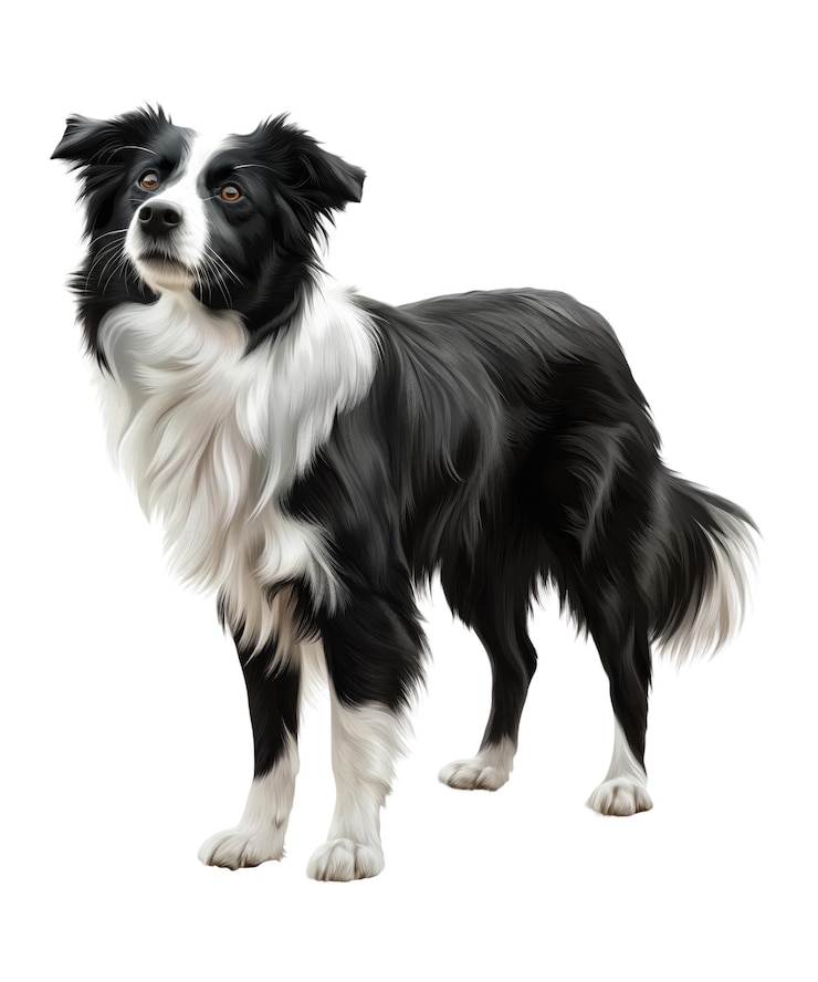 PSD un collie cane bianco e nero con una macchia bianca sul petto
