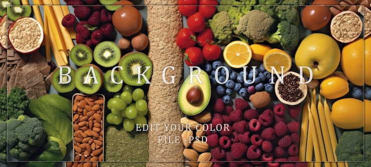 PSD un colorato assortimento di frutta, verdura e noci fresche