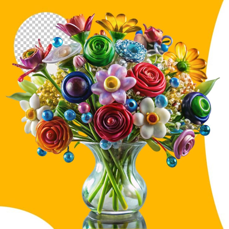 PSD un colorato bouquet di fiori in vaso di vetro con sfondo trasparente