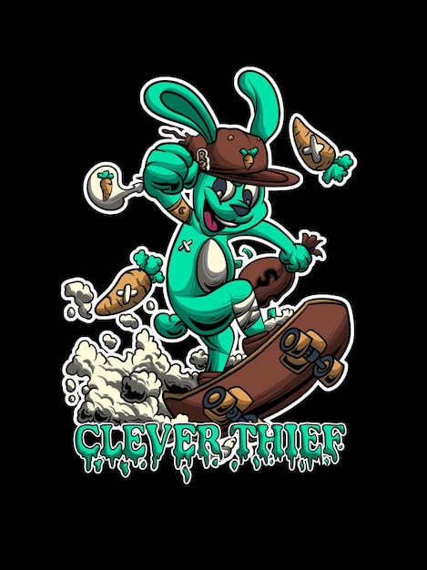 un coniglio dei cartoni animati con un cappello e uno skateboard con la parola grasso su di esso
