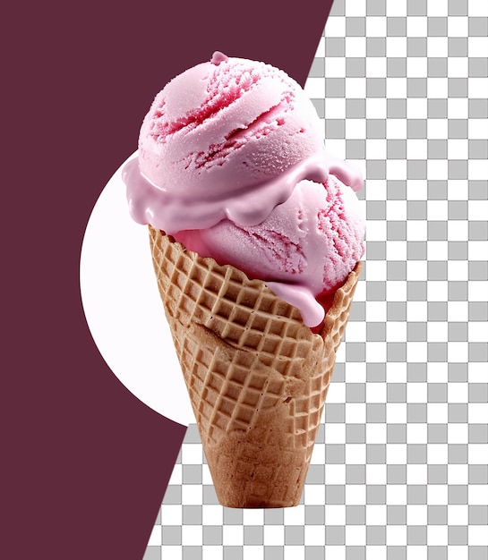 Un cono gelato rosa con uno sfondo viola e un cerchio bianco al centro.
